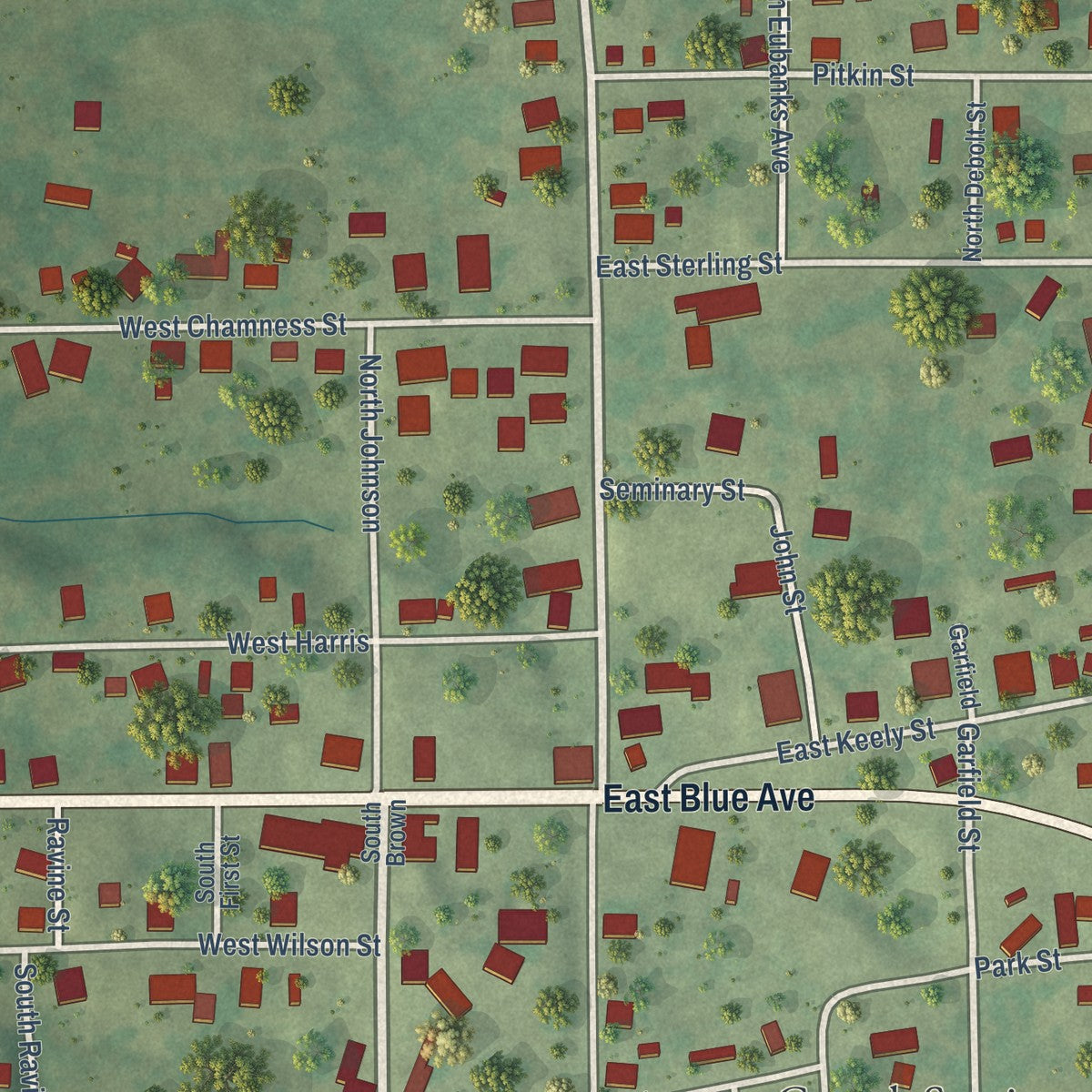 Close-up of the map of Creal Springs, Illinois print showing street and building detail