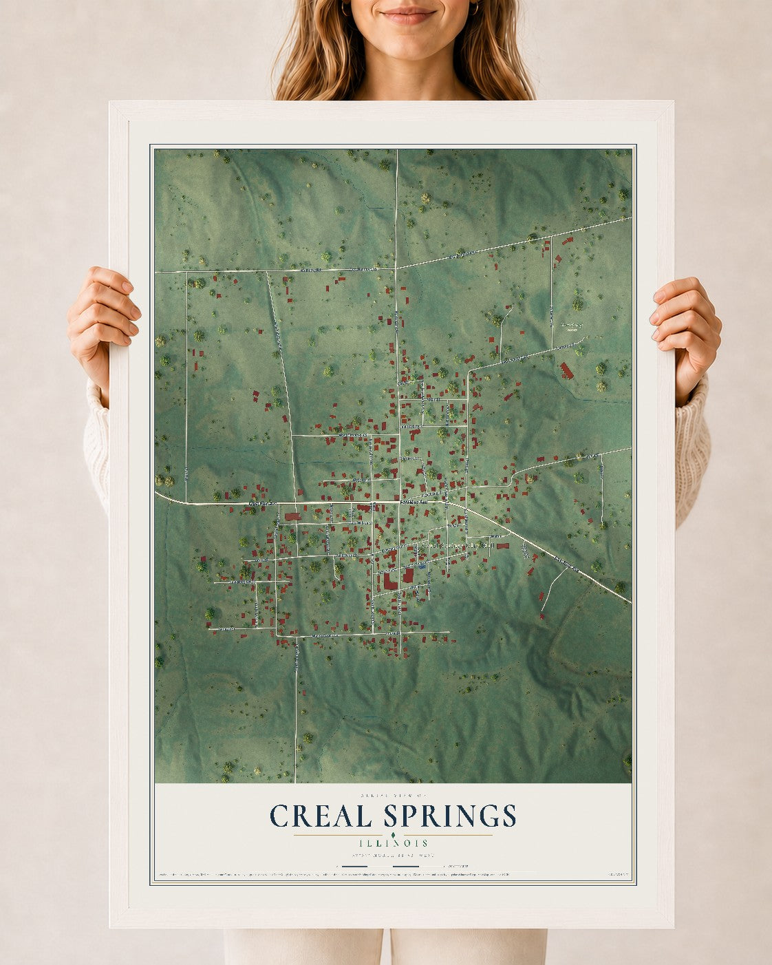 Map of Creal Springs, Illinois, 24 x 36 inch print in a white wood frame