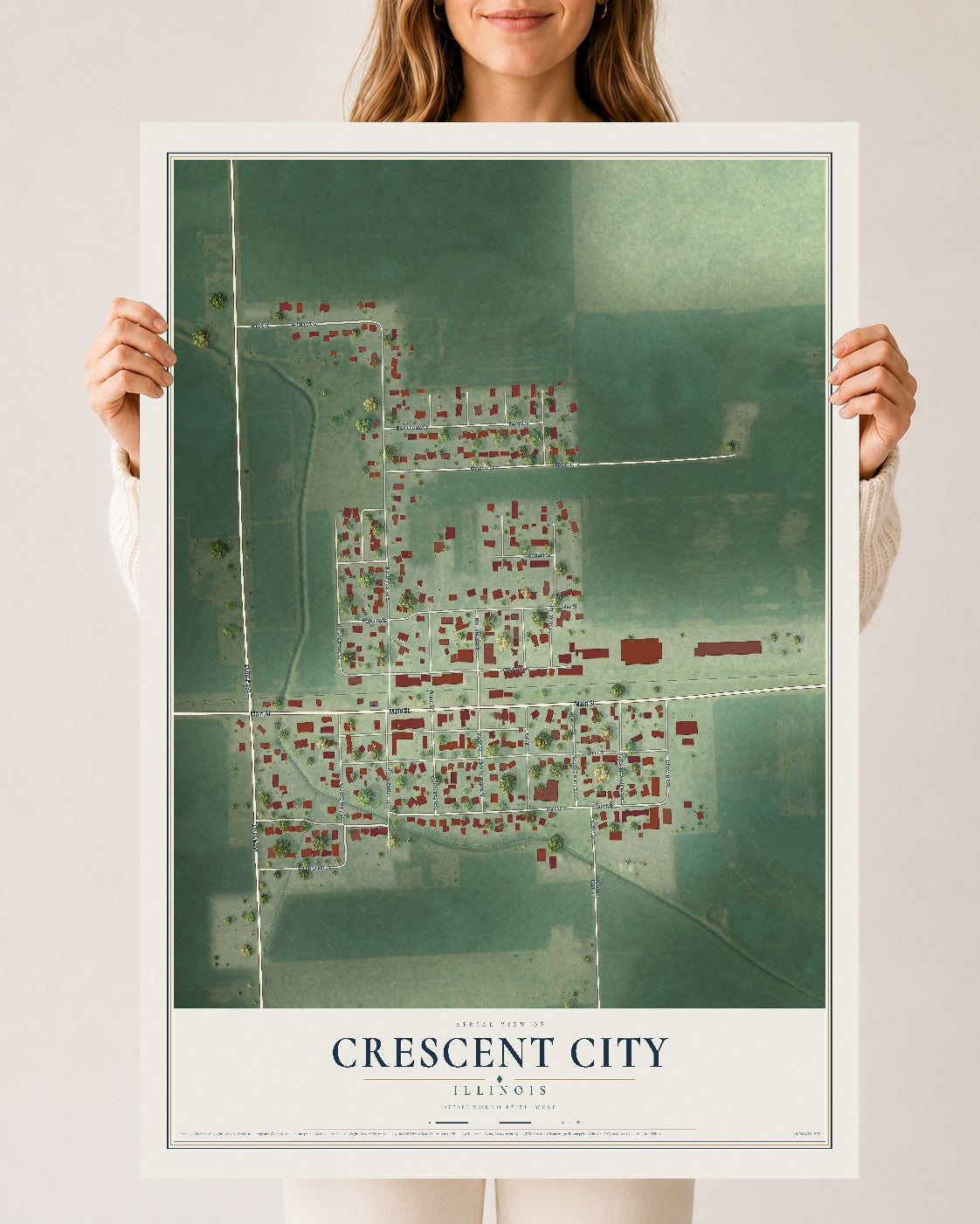 Map of Crescent City, Illinois, 24 x 36 inch unframed archival matte print