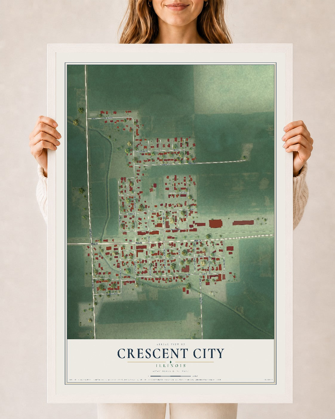 Map of Crescent City, Illinois, 24 x 36 inch print in a white wood frame