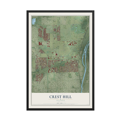Map of Crest Hill, Illinois, 12 x 18 inch print in a black wood frame