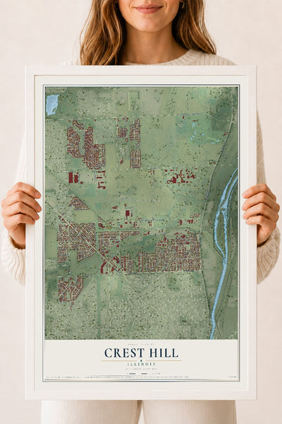 Map of Crest Hill, Illinois, 18 x 24 inch print in a white wood frame
