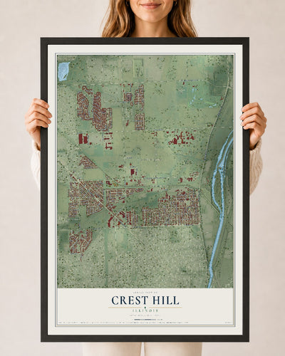 Map of Crest Hill, Illinois, 24 x 36 inch print in a black wood frame