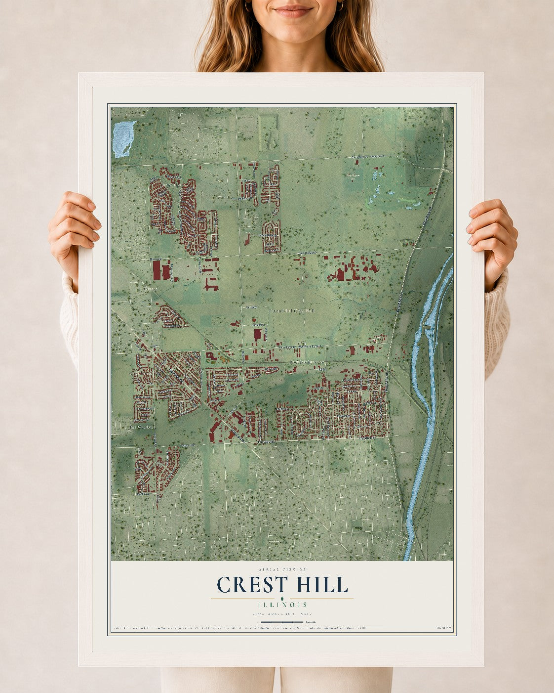 Map of Crest Hill, Illinois, 24 x 36 inch print in a white wood frame