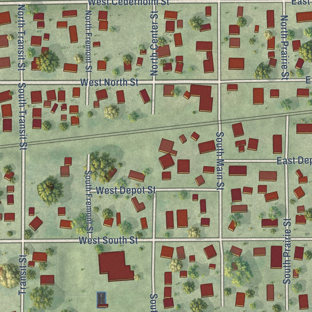 Close-up of the map of Creston, Illinois print showing street and building detail