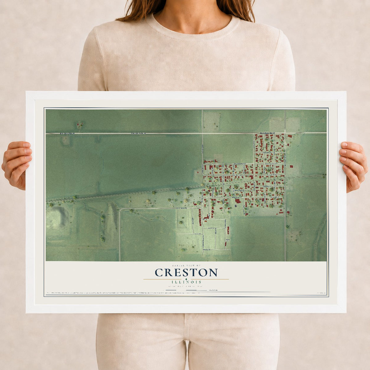 Map of Creston, Illinois, 12 x 18 inch print in a white wood frame