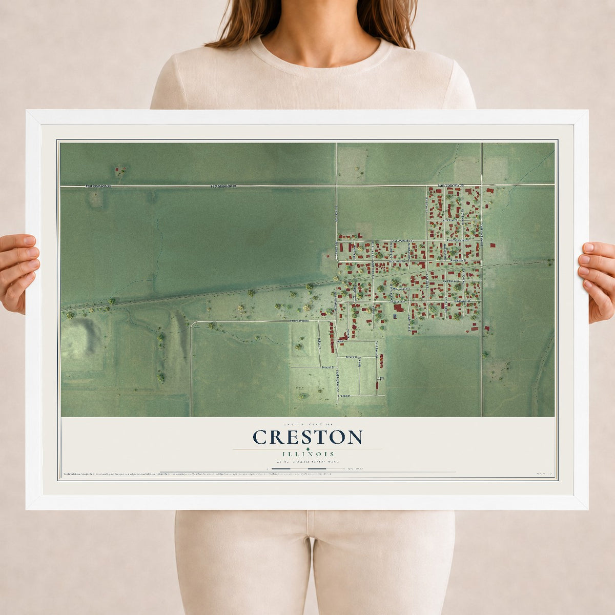 Map of Creston, Illinois, 18 x 24 inch print in a white wood frame