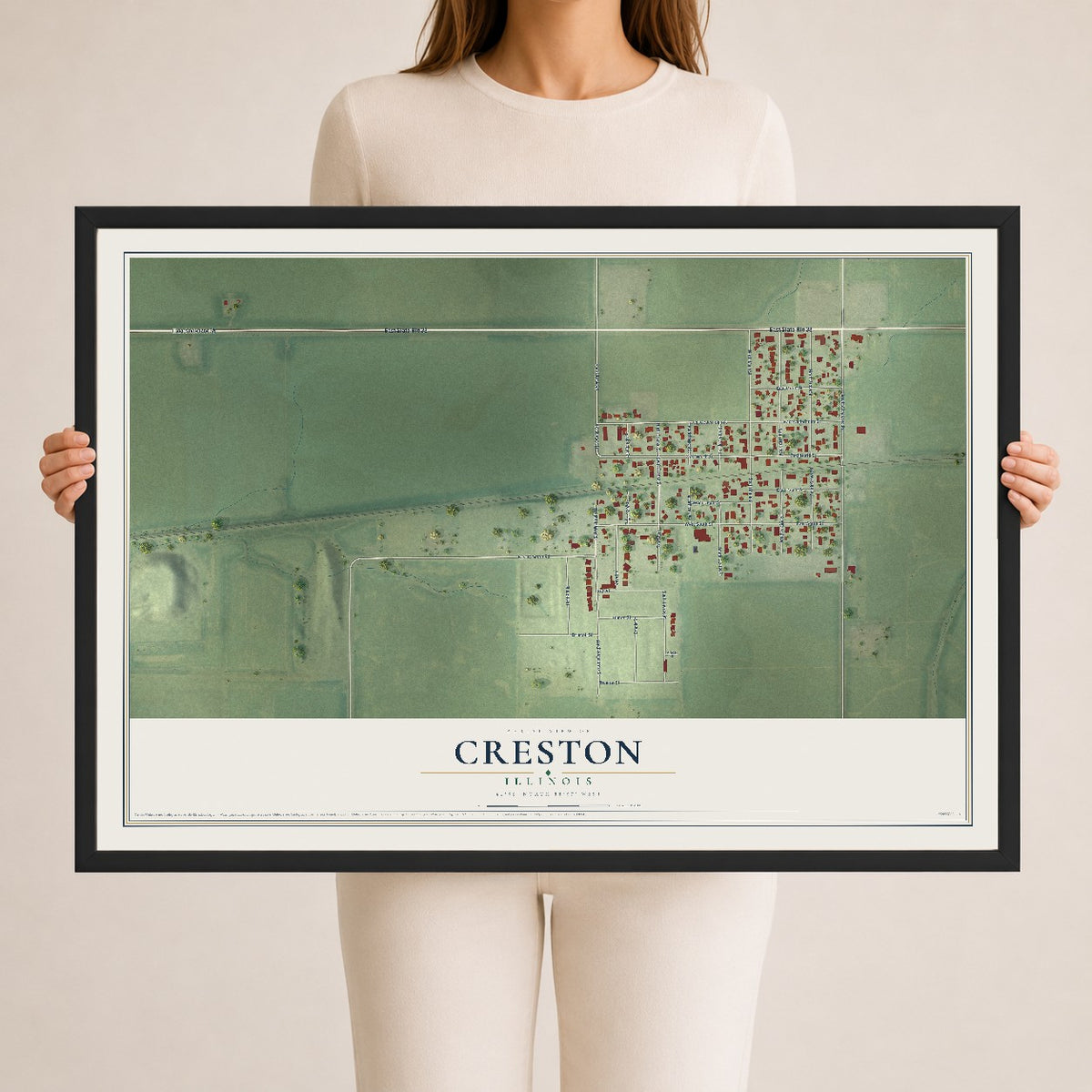 Map of Creston, Illinois, 24 x 36 inch print in a black wood frame