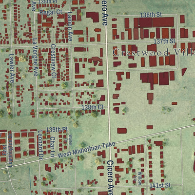 Close-up of the map of Crestwood, Illinois print showing street and building detail