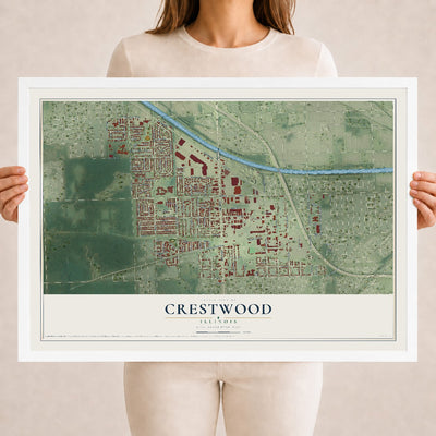 Map of Crestwood, Illinois, 18 x 24 inch print in a white wood frame