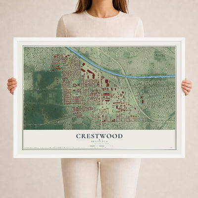 Map of Crestwood, Illinois, 24 x 36 inch print in a white wood frame