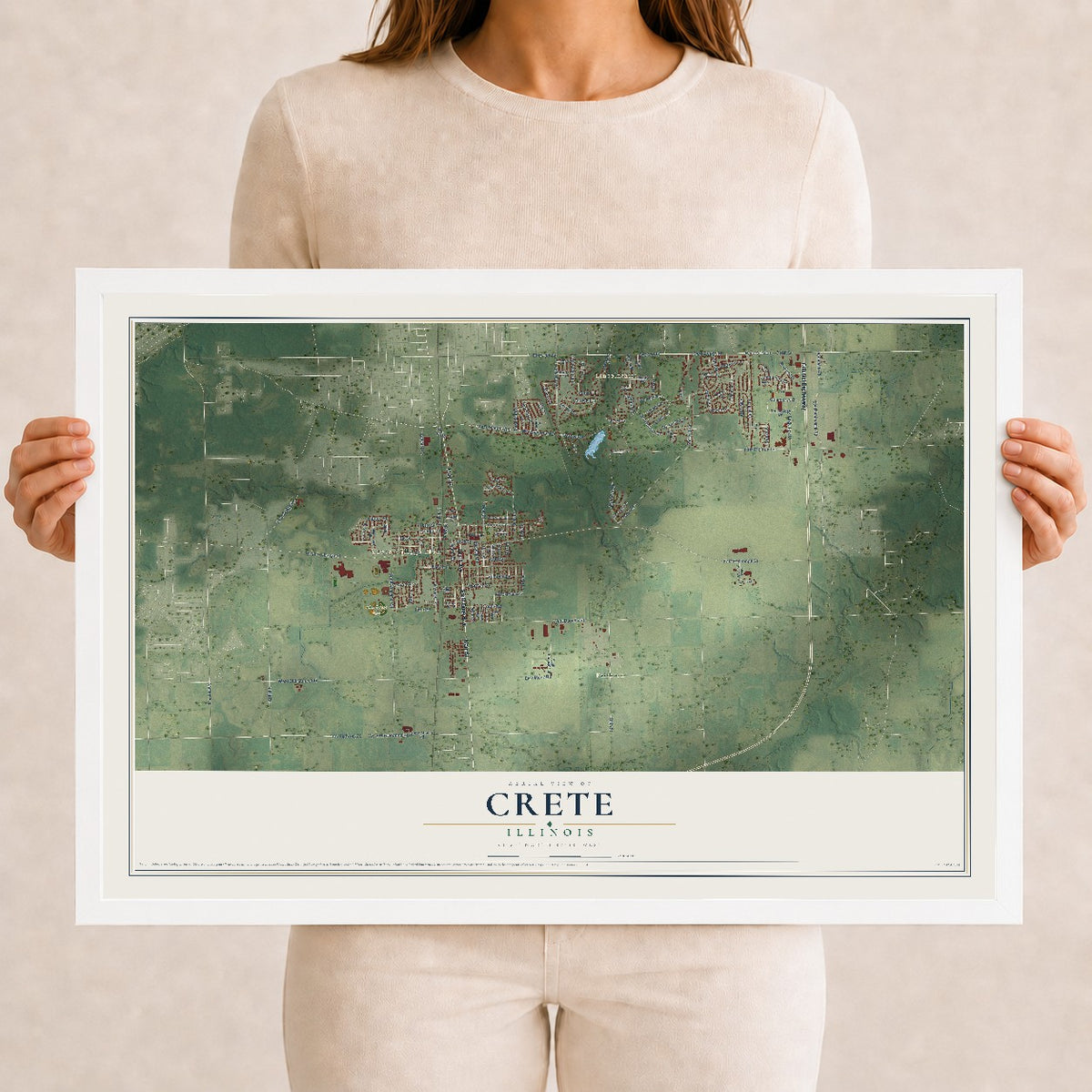 Map of Crete, Illinois, 12 x 18 inch print in a white wood frame