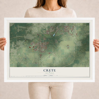 Map of Crete, Illinois, 18 x 24 inch print in a white wood frame