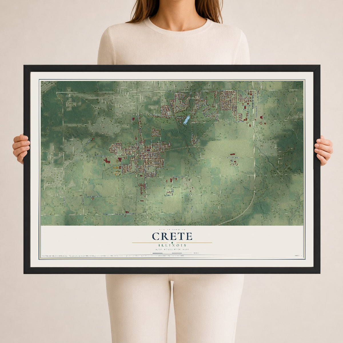 Map of Crete, Illinois, 24 x 36 inch print in a black wood frame