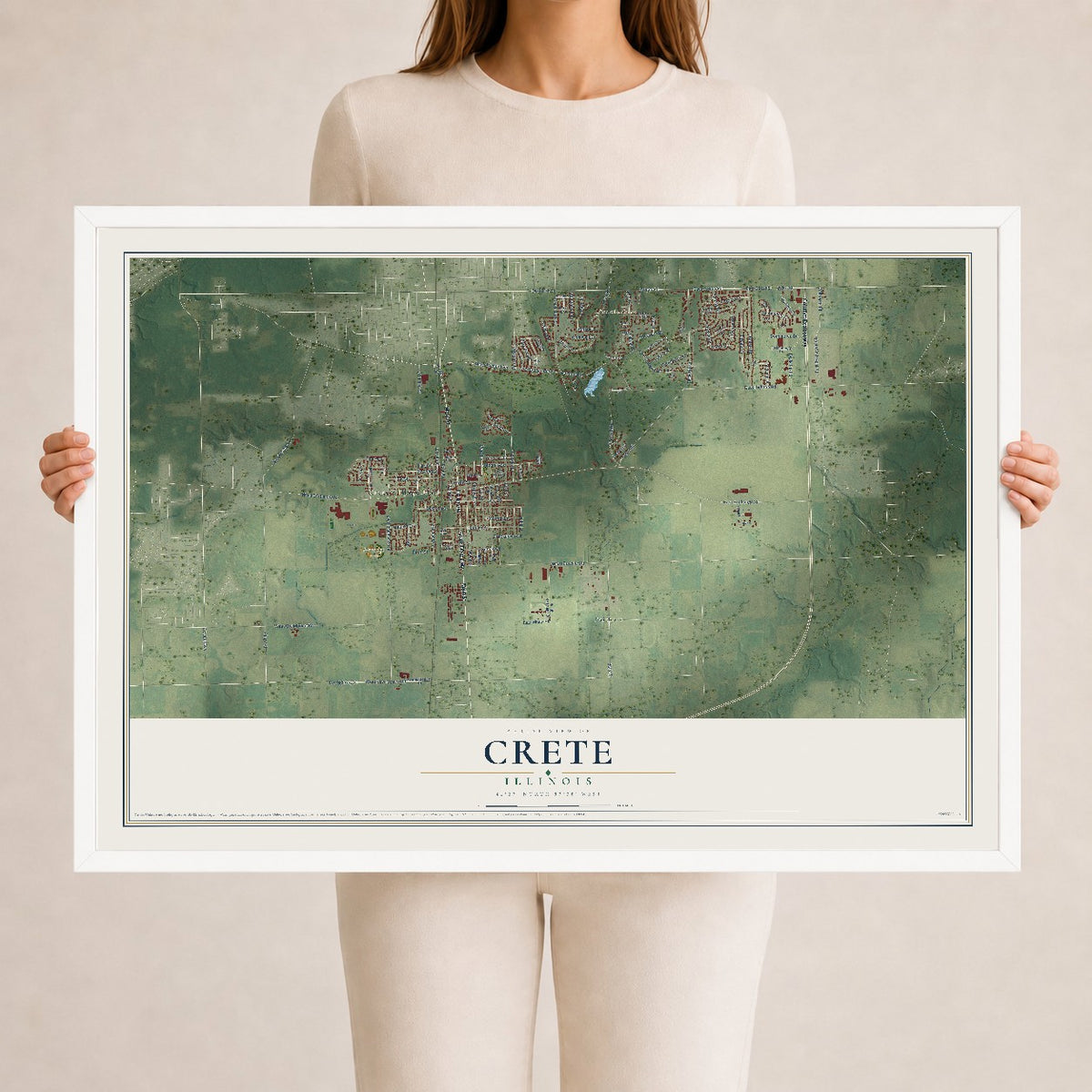 Map of Crete, Illinois, 24 x 36 inch print in a white wood frame