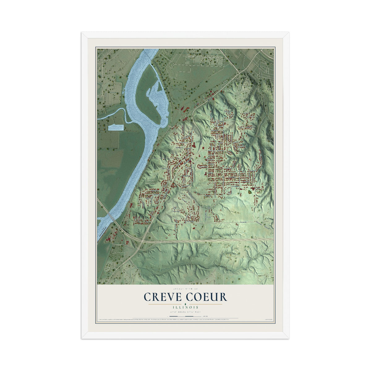 Map of Creve Coeur, Illinois, 12 x 18 inch print in a white wood frame