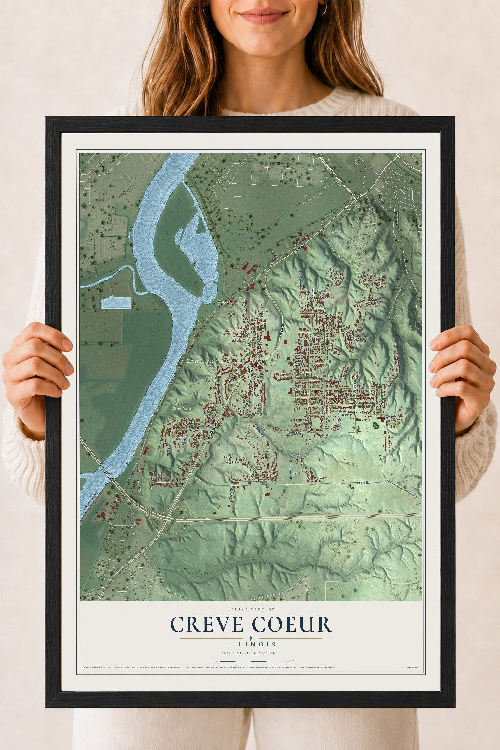 Map of Creve Coeur, Illinois, 18 x 24 inch print in a black wood frame