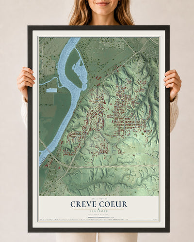 Map of Creve Coeur, Illinois, 24 x 36 inch print in a black wood frame