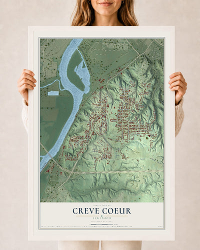 Map of Creve Coeur, Illinois, 24 x 36 inch print in a white wood frame