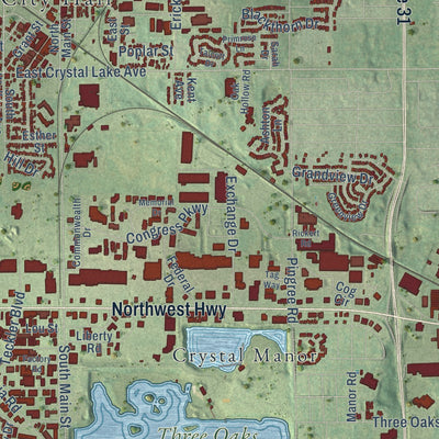 Second close-up of the map of Crystal Lake, Illinois print showing more streets and buildings