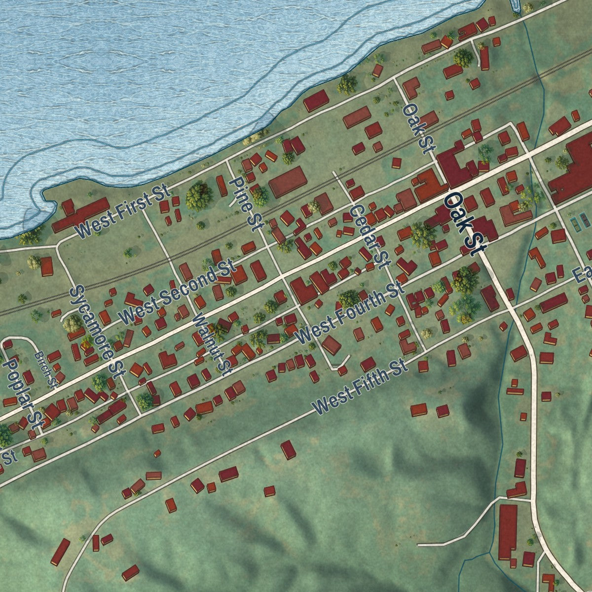 Close-up of the map of Dallas City, Illinois print showing street and building detail