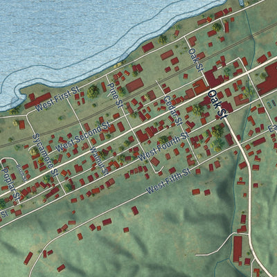 Close-up of the map of Dallas City, Illinois print showing street and building detail
