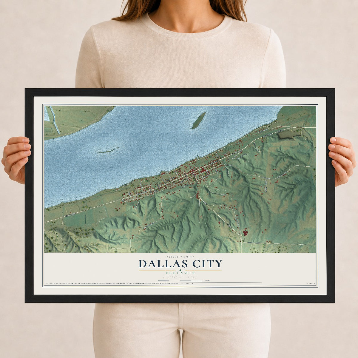 Map of Dallas City, Illinois, 12 x 18 inch print in a black wood frame