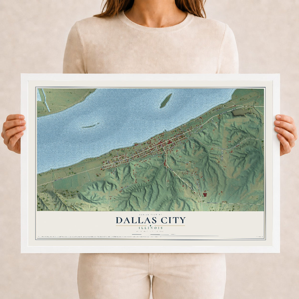 Map of Dallas City, Illinois, 12 x 18 inch print in a white wood frame