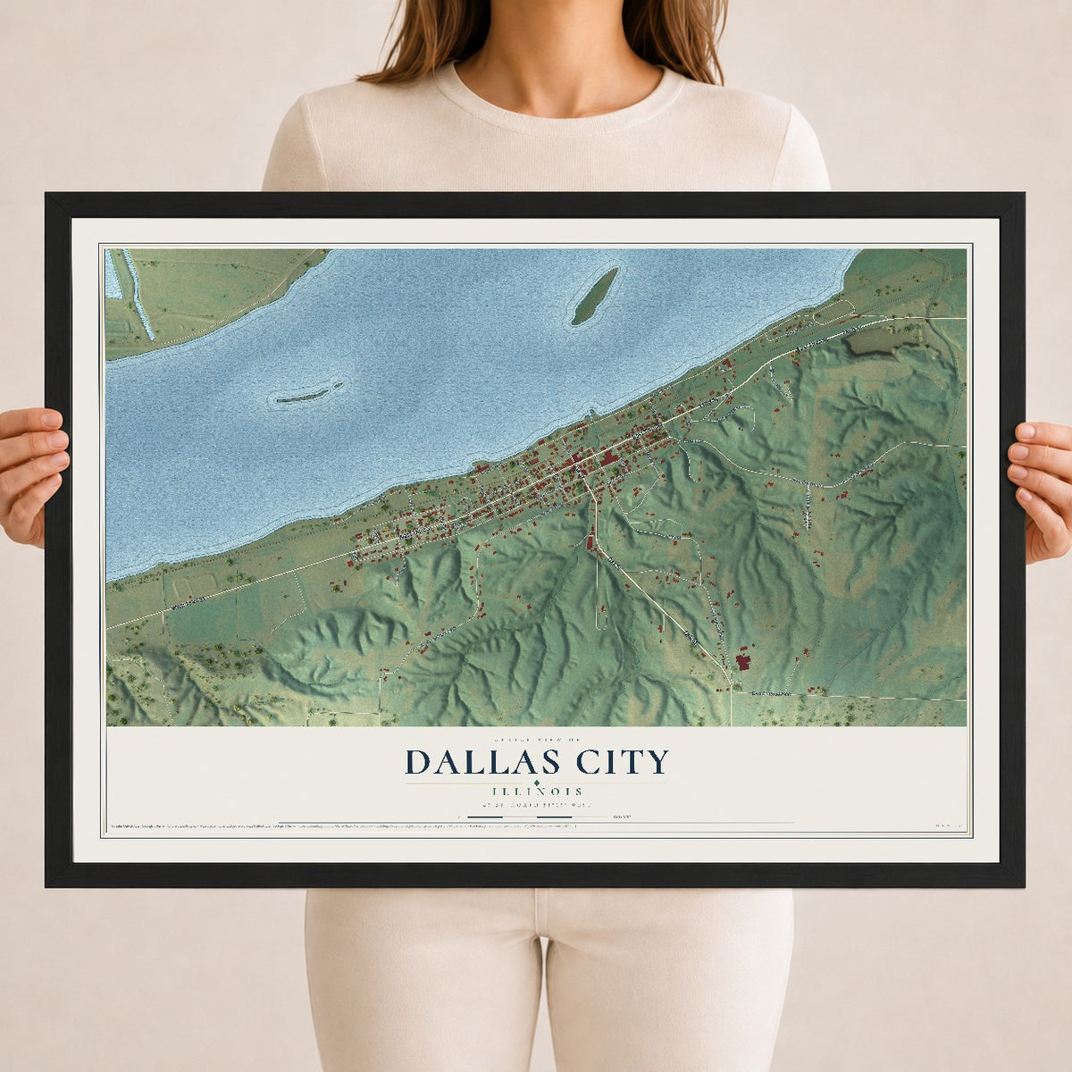 Map of Dallas City, Illinois, 18 x 24 inch print in a black wood frame