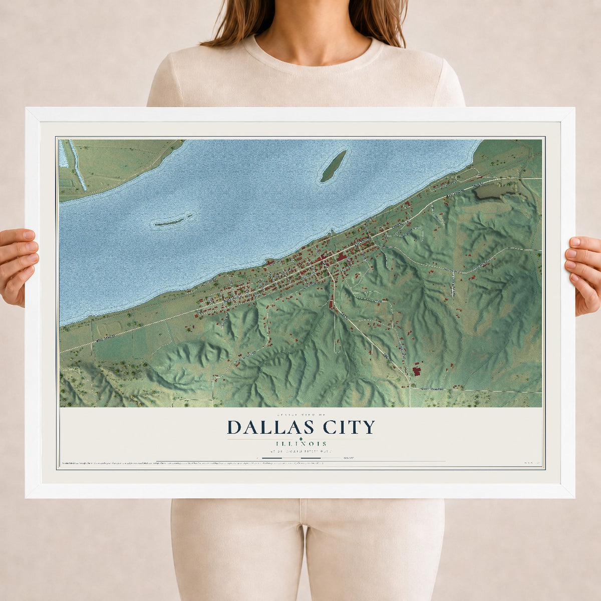 Map of Dallas City, Illinois, 18 x 24 inch print in a white wood frame