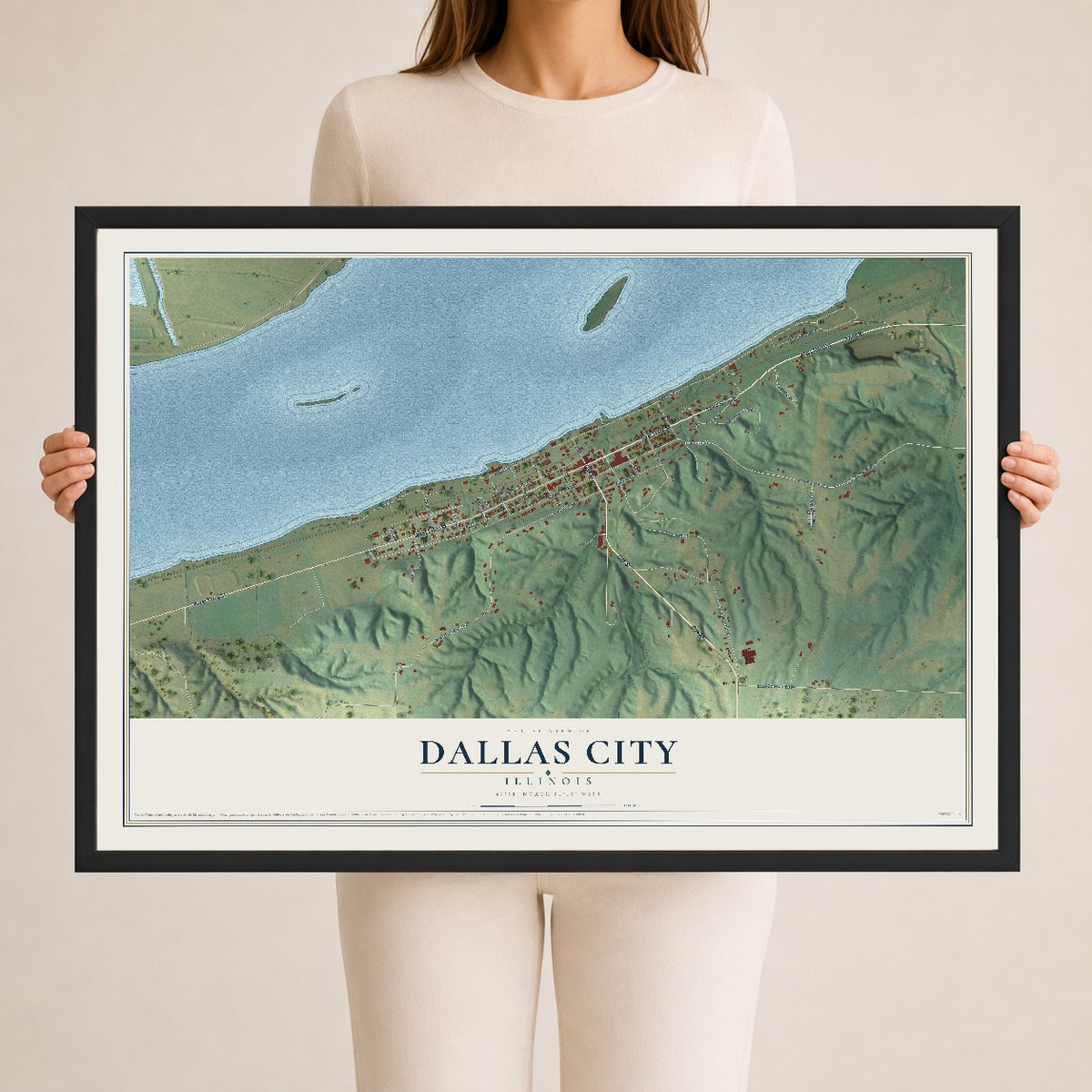 Map of Dallas City, Illinois, 24 x 36 inch print in a black wood frame