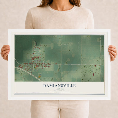 Map of Damiansville, Illinois, 12 x 18 inch print in a white wood frame