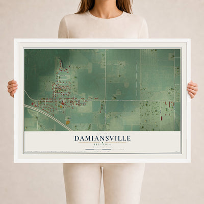 Map of Damiansville, Illinois, 24 x 36 inch print in a white wood frame