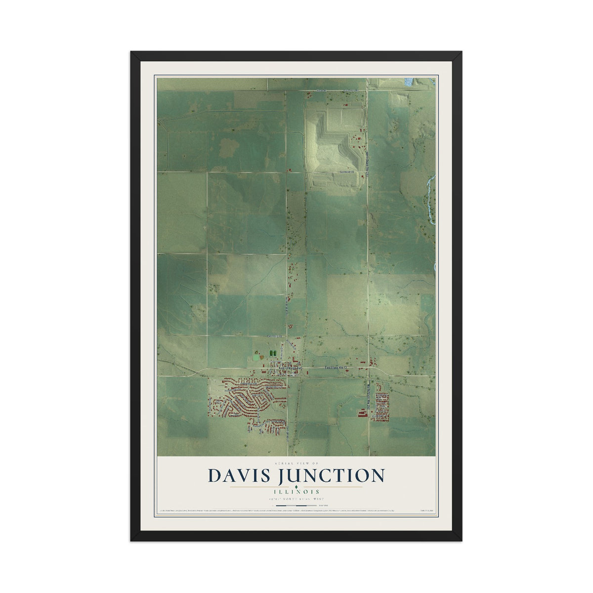 Map of Davis Junction, Illinois, 12 x 18 inch print in a black wood frame