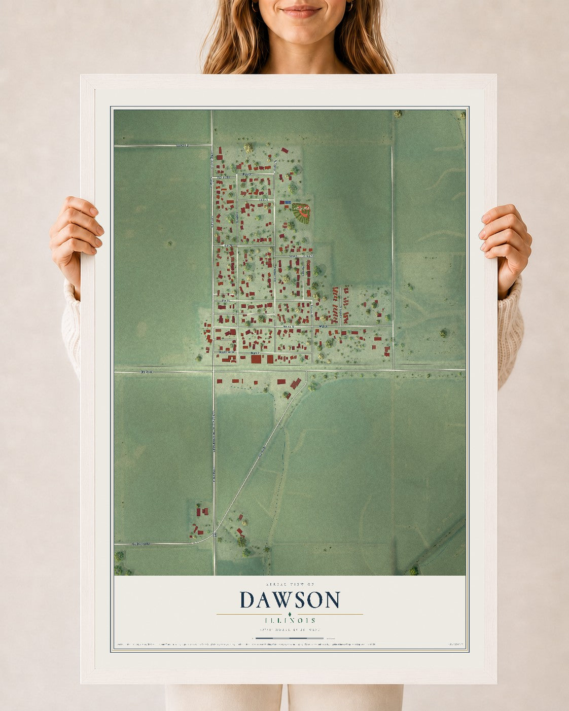 Map of Dawson, Illinois, 24 x 36 inch print in a white wood frame