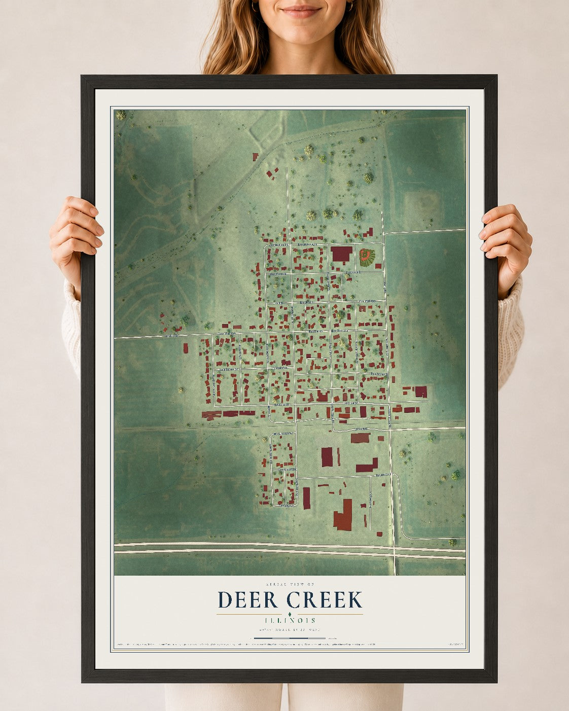 Map of Deer Creek, Illinois, 24 x 36 inch print in a black wood frame
