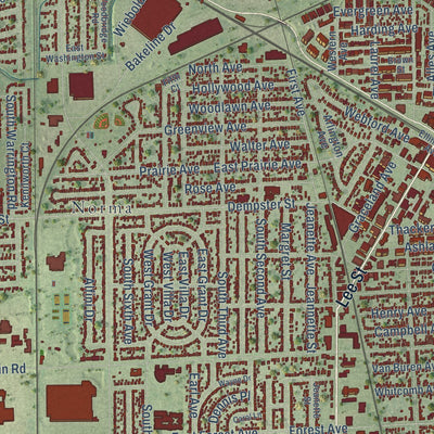 Close-up of the map of Des Plaines, Illinois print showing street and building detail