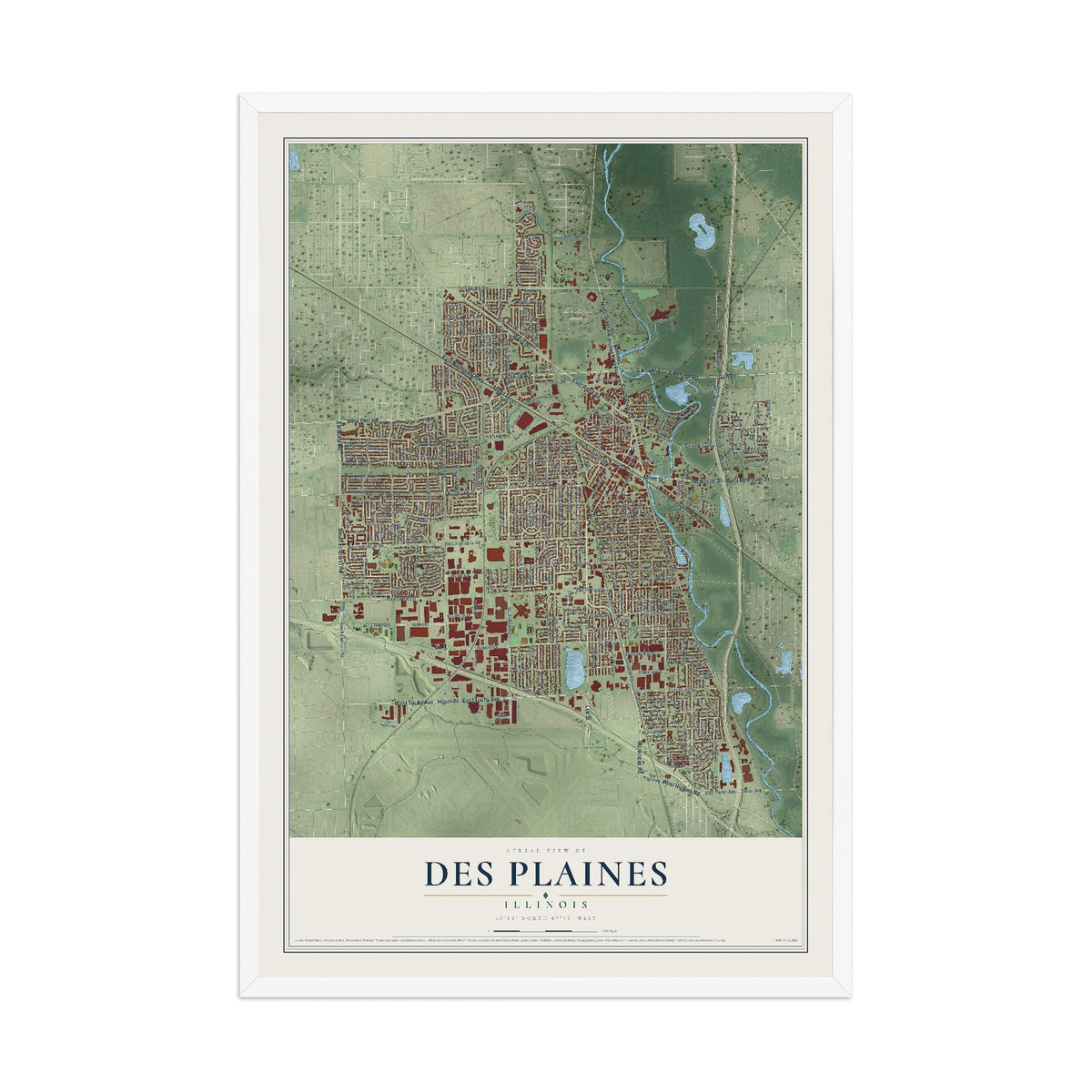 Map of Des Plaines, Illinois, 12 x 18 inch print in a white wood frame