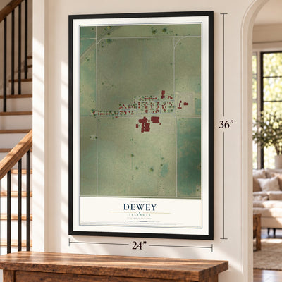 Dewey, Illinois map, 24 x 36 inch print in a black frame by a staircase