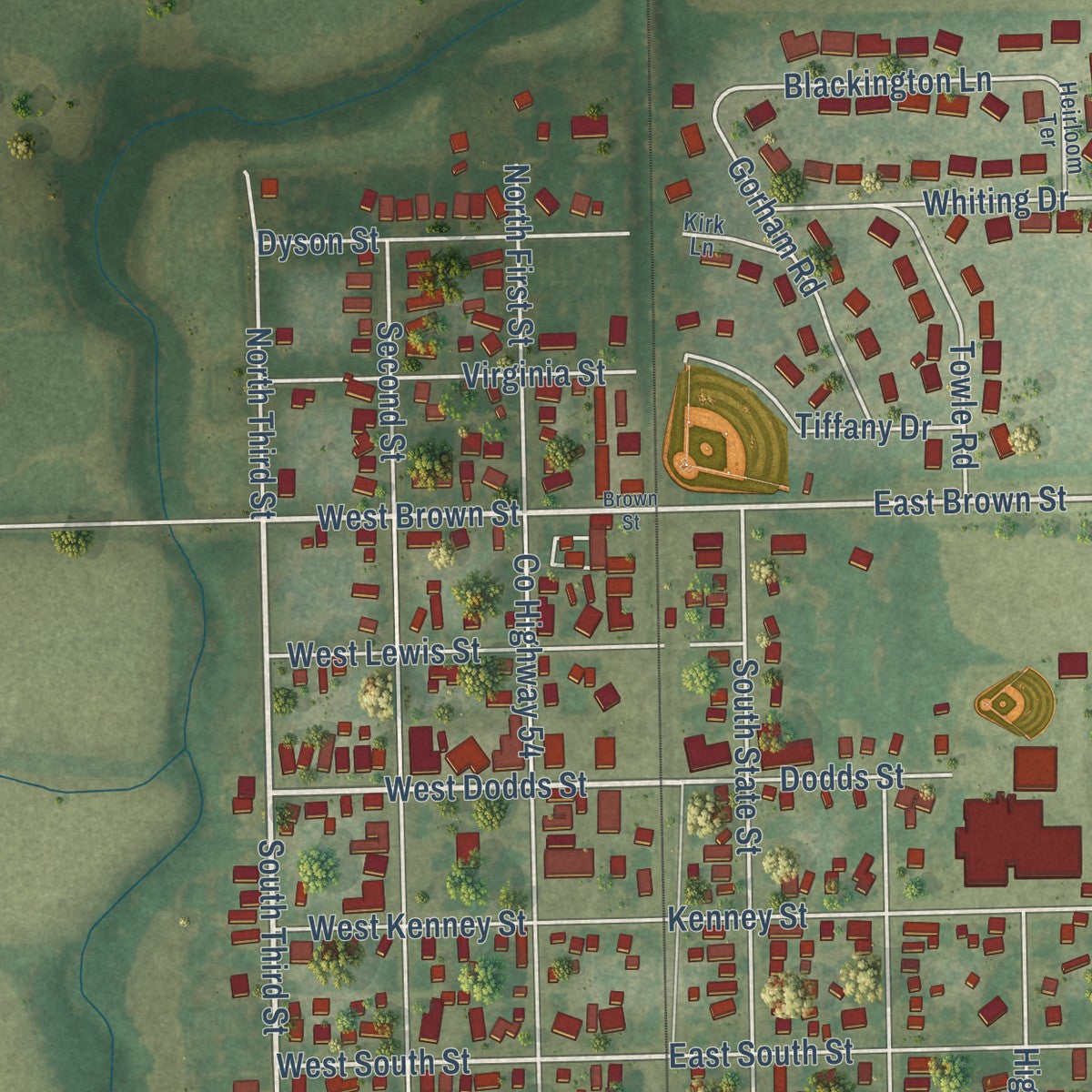Close-up of the map of Divernon, Illinois print showing street and building detail