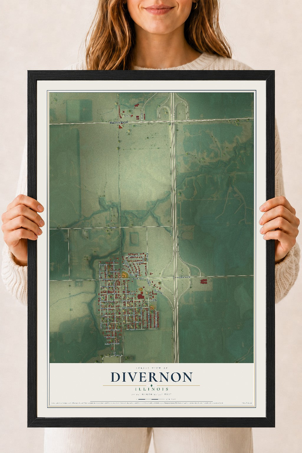 Map of Divernon, Illinois, 18 x 24 inch print in a black wood frame
