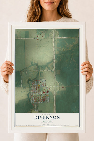 Map of Divernon, Illinois, 18 x 24 inch print in a white wood frame