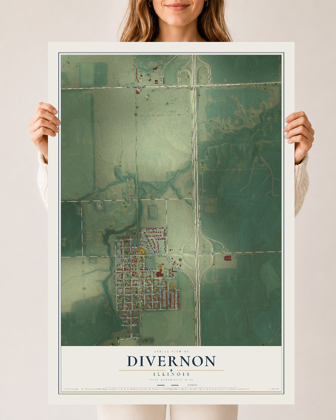 Map of Divernon, Illinois, 24 x 36 inch unframed archival matte print