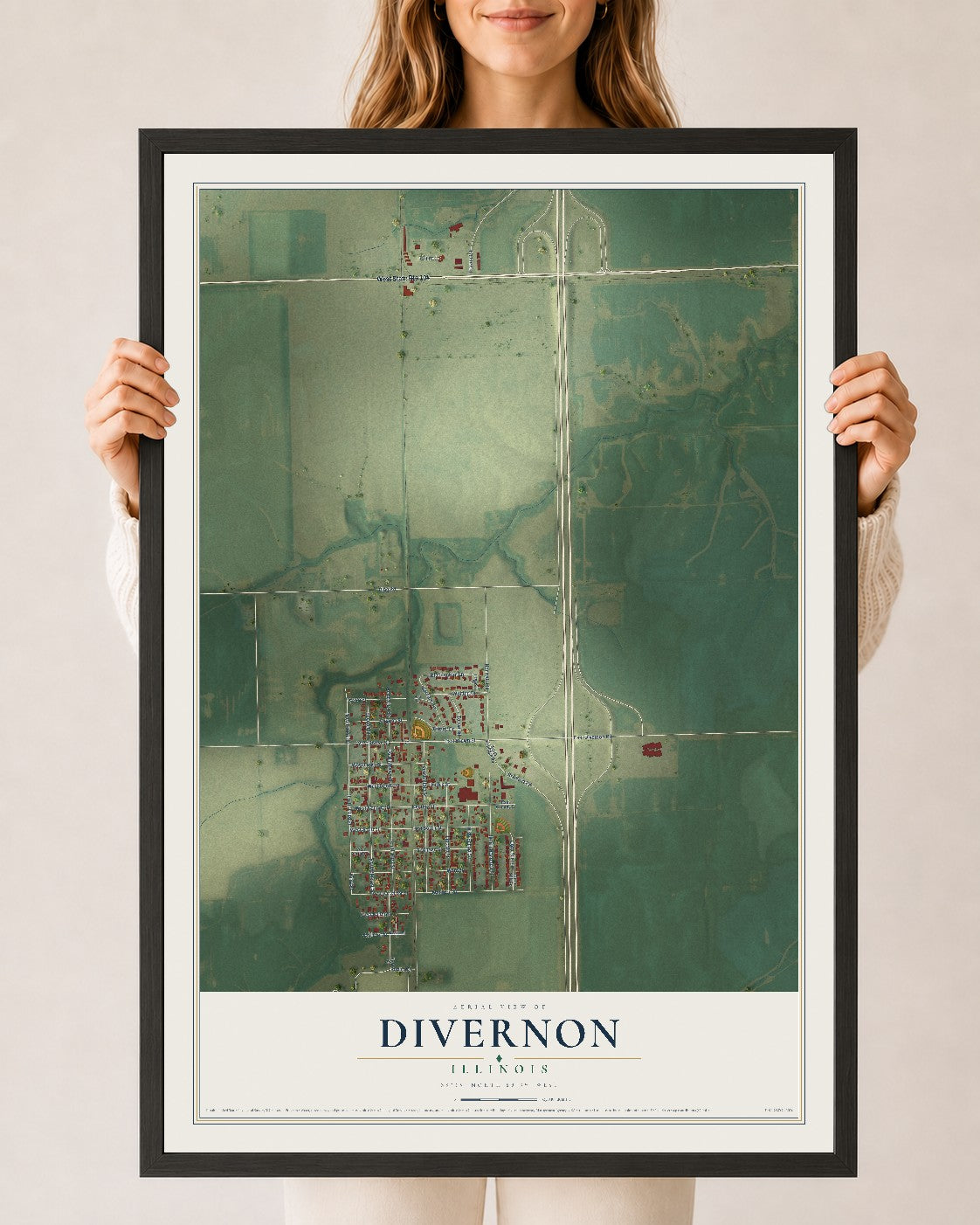Map of Divernon, Illinois, 24 x 36 inch print in a black wood frame