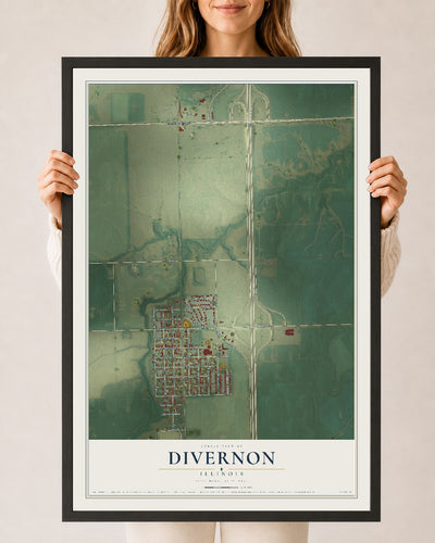 Map of Divernon, Illinois, 24 x 36 inch print in a black wood frame