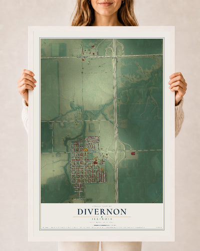 Map of Divernon, Illinois, 24 x 36 inch print in a white wood frame