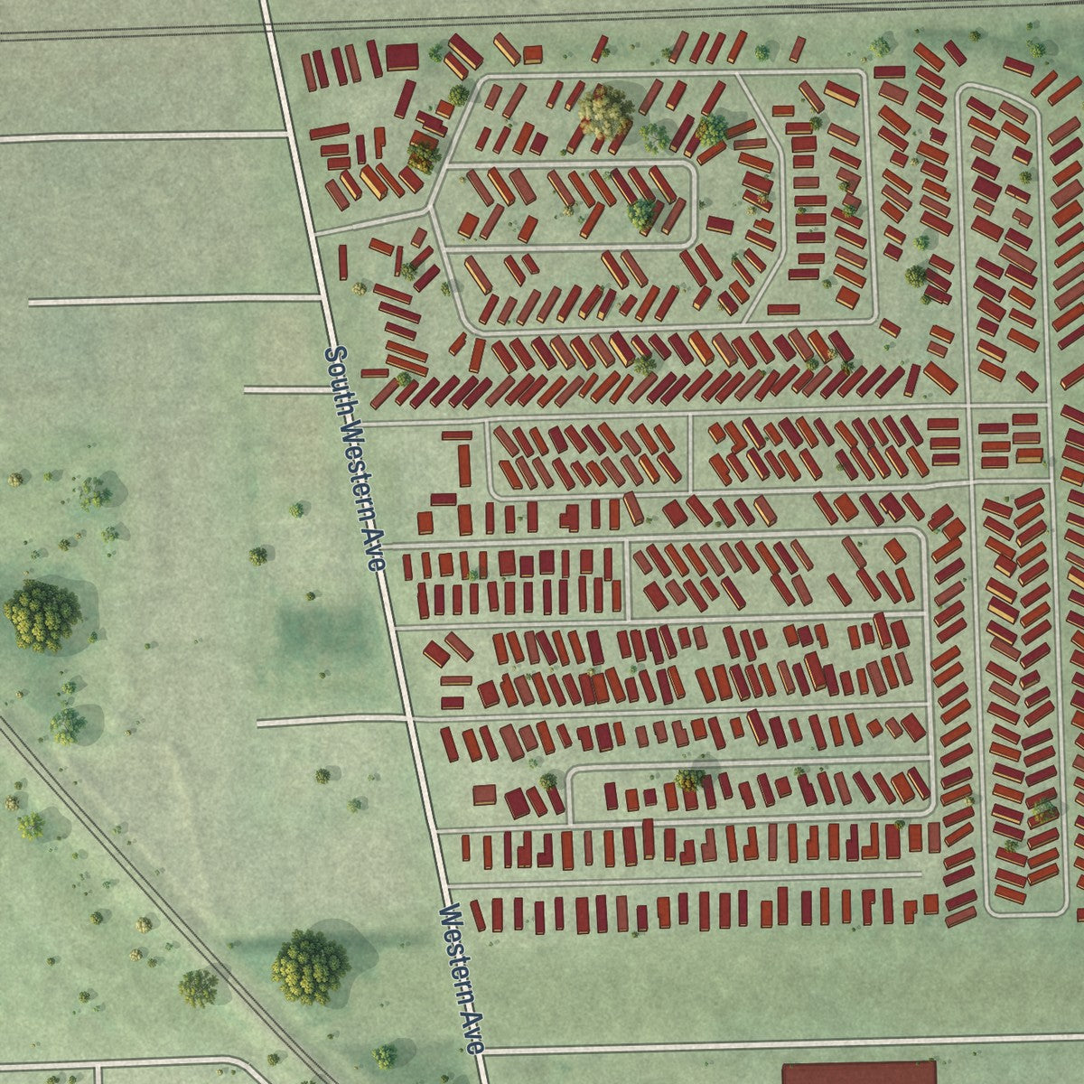 Close-up of the map of Dixmoor, Illinois print showing street and building detail
