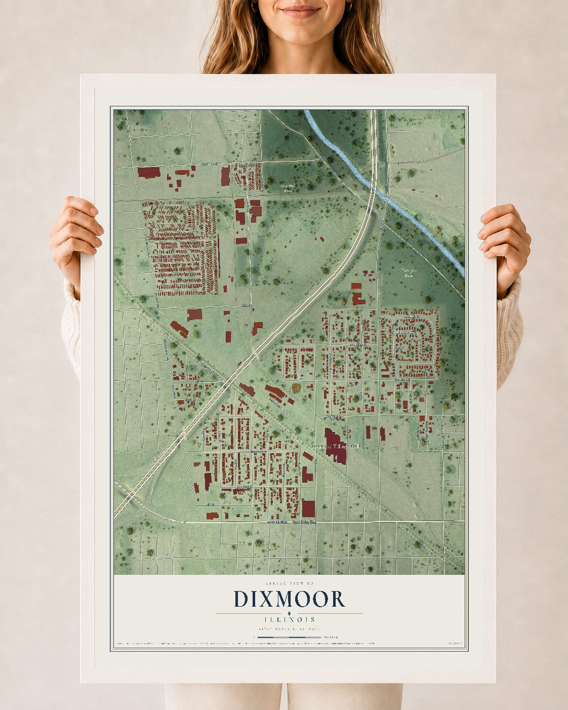 Map of Dixmoor, Illinois, 24 x 36 inch print in a white wood frame
