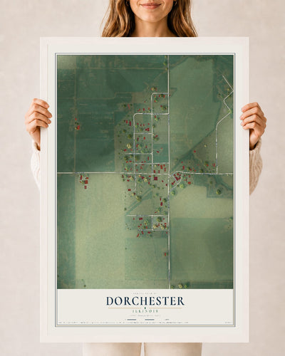Map of Dorchester, Illinois, 24 x 36 inch print in a white wood frame