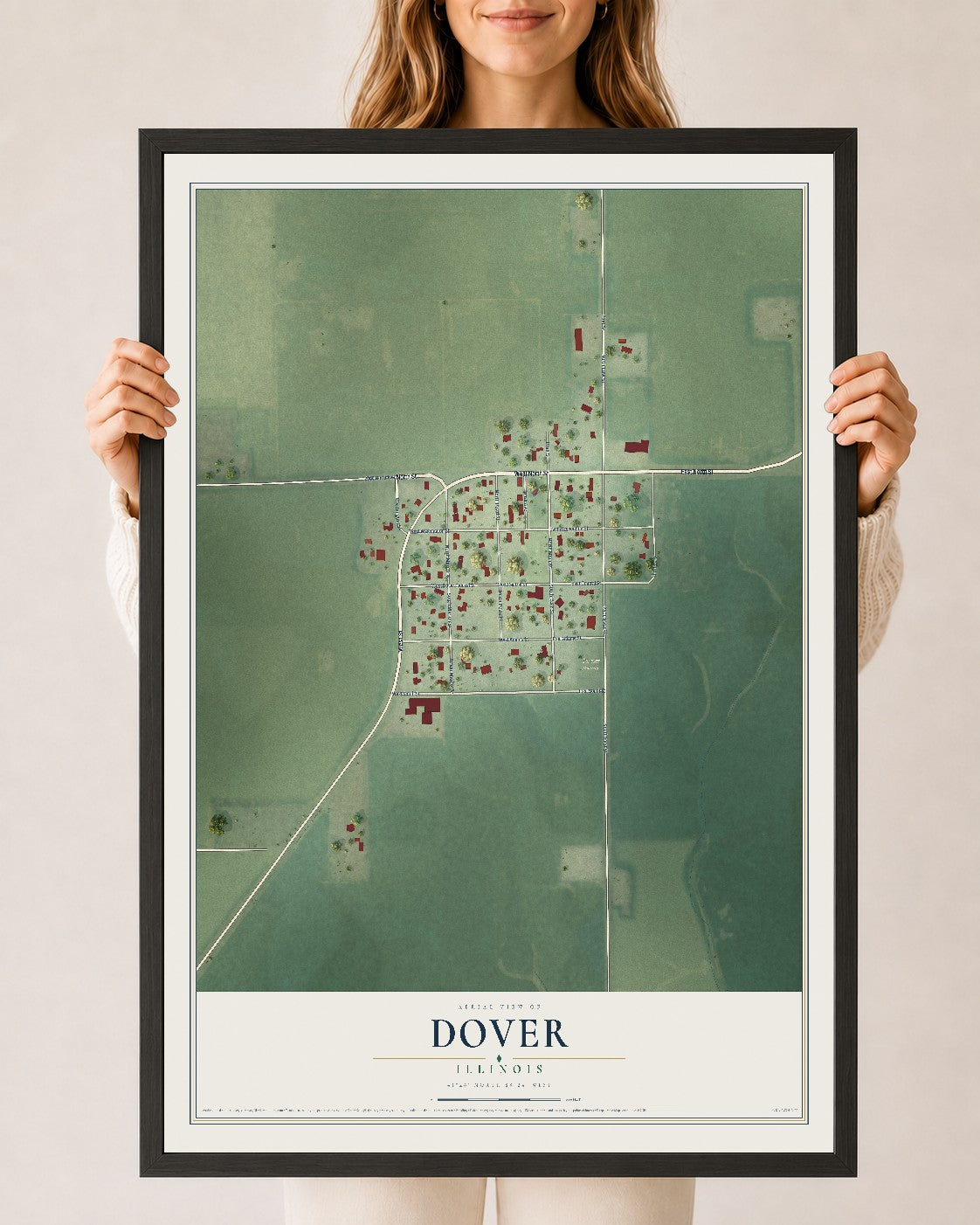 Map of Dover, Illinois, 24 x 36 inch print in a black wood frame